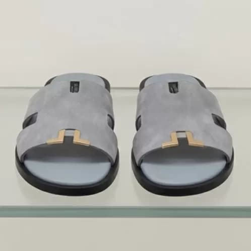 Men's Elegant Grey Suede Slip-On Sandals with Gold-Tone H-Buckle — image 2