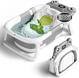 BUNWAG Collapsible Baby Bathtub with Thermometer & Soft Cushion – Portable Newborn Bath Tub, 0–12 Months, Grey's Image