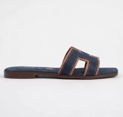 Women's Chic Denim & Tan Trim Cutout Slip-On Flat Sandals — image 2