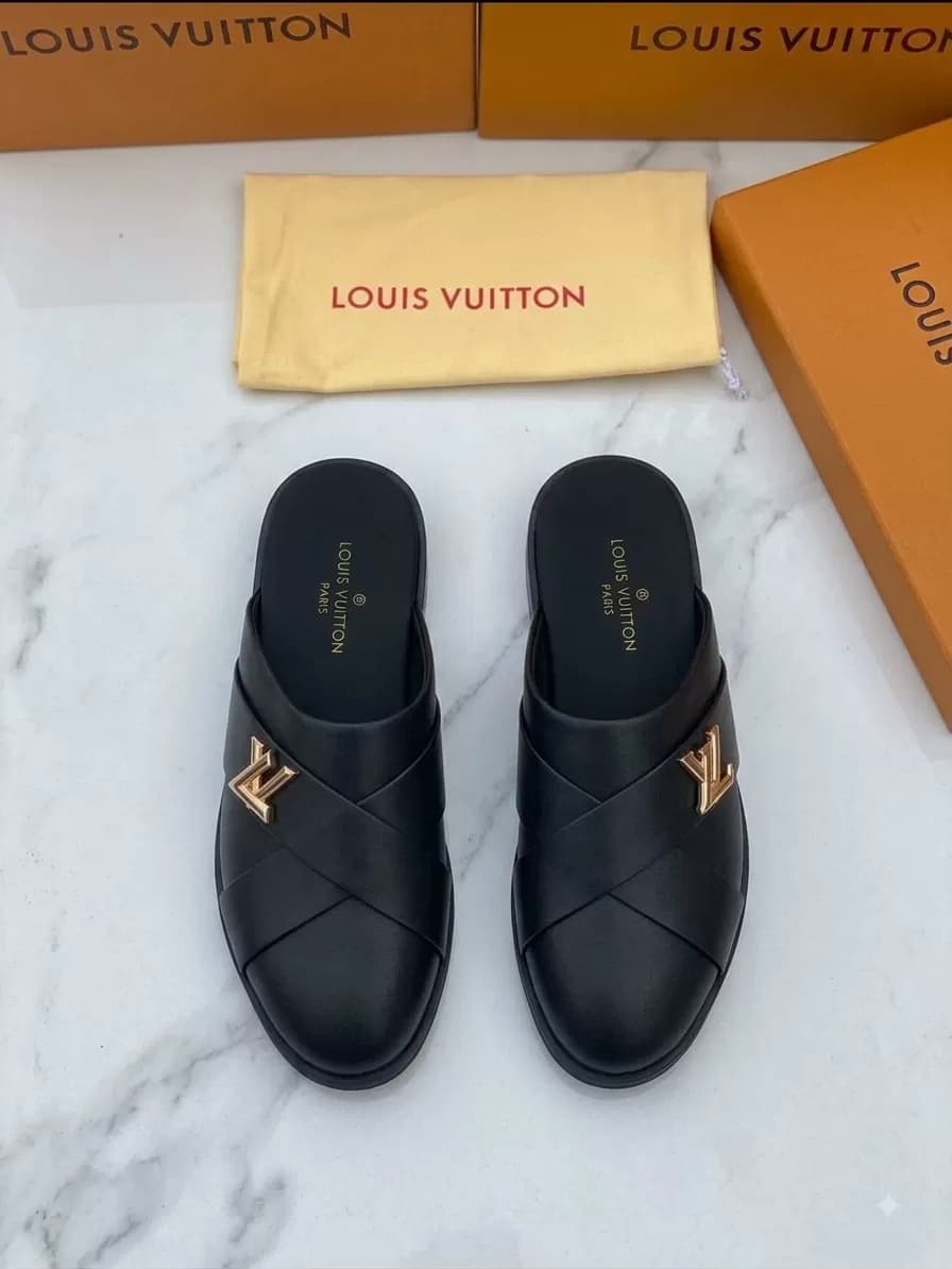 Luxury Black Cross-Strap Mule Loafers with Gold LV Hardware — image 1