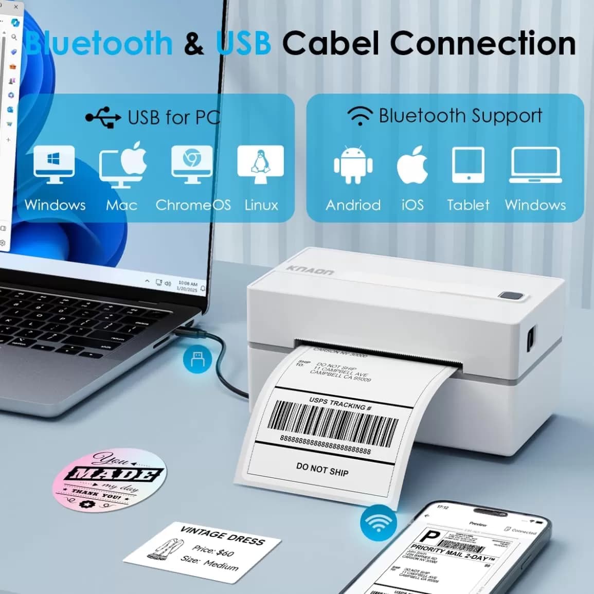 KNAON Y813BT Bluetooth 4x6 Thermal Shipping Label Printer – Wireless USB Label Maker for iPhone, Android, Windows and Mac, 203 DPI, White — image 2